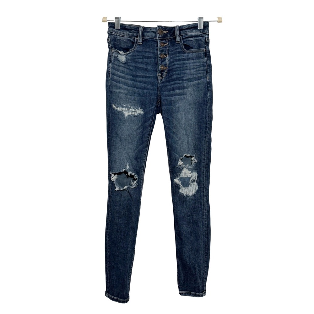 American Eagle Womens Hi-Rise Jegging Dark Wash Distressed Ripped Jeans 8 Reg